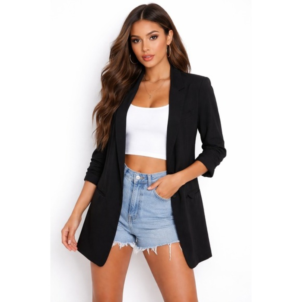 Plastic‎ Island Womens Black Longline 3/4 Sleeve Blazer Jacket Size S